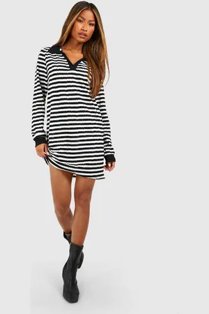 Boohoo Womens Textured Stripe Collared Mini Dress - - Size 14 UK