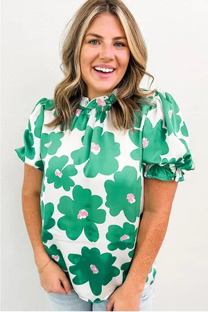 Azura Exchange Womens Floral Puff Sleeve Frill Neckline Blouse - Size Large