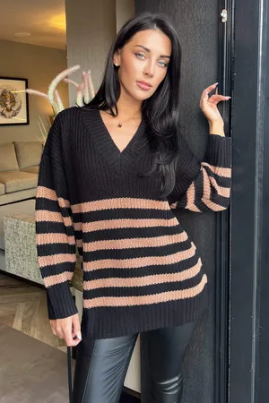 Ax Paris Womens And Camel Stripe V-Neck Knit Jumper - Size Small/Medium