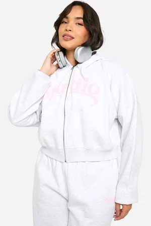 Boohoo Womens Plus Studio Slogan Boxy Crop Zip Through Hoodie - Cotton - Size 18 UK