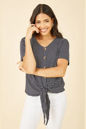 Yumi Womens Striped Jersey Button Detail Top - Size 8 UK