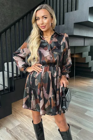 Ax Paris Womens Multi Abstract Print Long Sleeve Mini Skater Dress - - Size 8 UK
