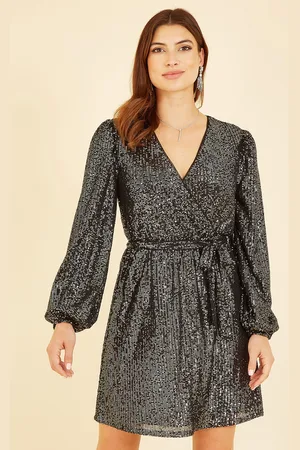 Mela Womens Sequin Belted Wrap Long Sleeve Dress - Size 16 UK