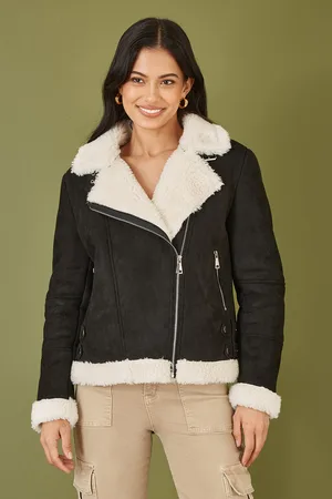 Yumi Womens Faux Suede And Shearling Biker Jacket - Size 12 UK