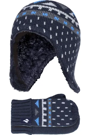 Heat Holders Boys Outdoor Faux Fur Pom Pom Hat with Ear Flaps & Mittens Gloves - - Size 4-6Y