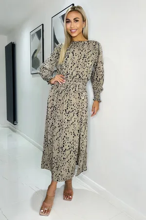Ax Paris Womens Animal Print Long Sleeve Shirred Detail Midi Dress - Size 10 UK