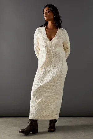 warehouse Womens Cosy Cable Knit V Neck Maxi Jumper Dress - - Size Small