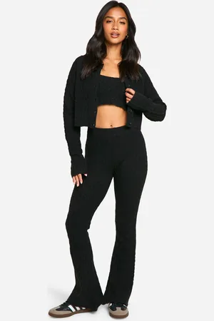 Boohoo Womens Petite Soft Cable Knitted Cardigan, Crop Top And Flare Leg Trouser 3 Piece Set - - Size Small