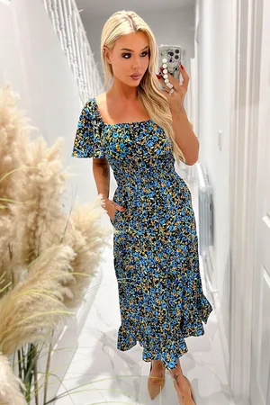 Ax Paris Womens Blue Floral Printed Flutter Sleeve Midi Smock Dress - - Size 10 UK
