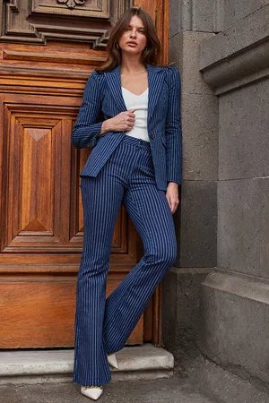 Sosandar Womens Navy & White Pinstripe Kick Flare Jeans - Size 16 Regular