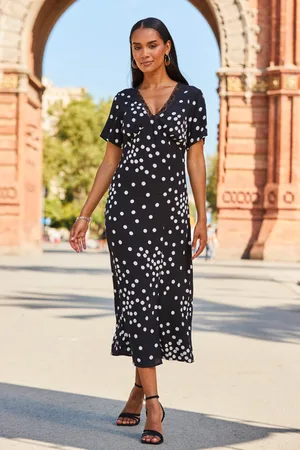 Sosandar Womens & White Spot Print Lace Trim Midi Dress - Size 8 UK