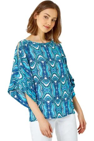 Roman Womens Tile Print Cold Shoulder Top - - Size 12 UK
