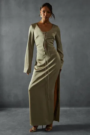 MissPap Womens Premium Satin Tie Front Long Sleeve Maxi Dress - - Size 6 UK