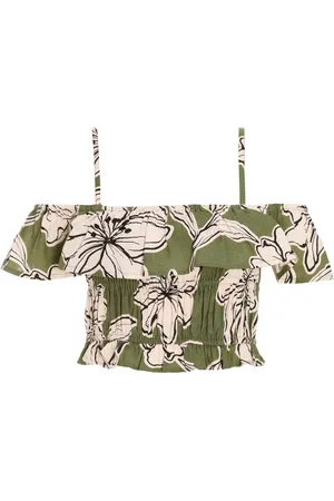 Quiz Womens Khaki Tropical Print Bardot Crop Top - Cotton - Size 6 UK