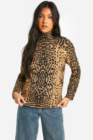 Boohoo Womens Maternity Brushed Leopard Knitted Roll Neck Jumper - - Size 12 UK