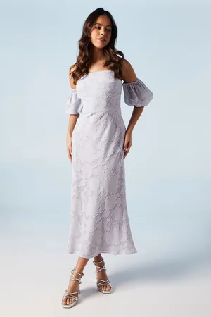 Oasis Womens Rose Jacquard Puff Sleeve Asym Detail Bridesmaids Midi Dress - - Size 16 UK
