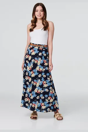 Izabel London Womens Multi Navy Floral Belted A-Line Maxi Skirt - viscose - Size 16 UK