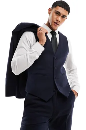 ASOS Mens wedding slim wool mix suit waistcoat in navy basketweave texture - - Size 38R