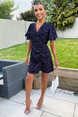 Ax Paris Womens And Pink Printed Short Sleeve Gathered Mini Dress - Size 8 UK