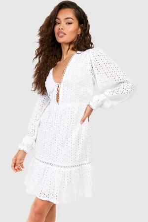 Boohoo Womens Broderie V Neck Mini Dress - Cotton - Size 16 UK