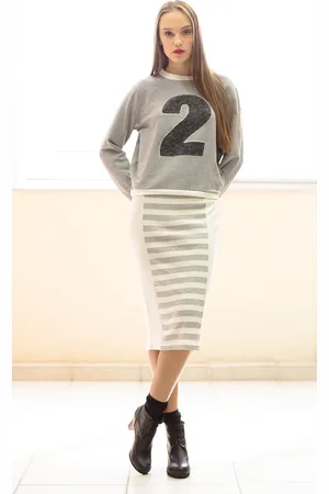 Conquista Womens and Grey Striped Pencil Skirt Viscose - Size Medium