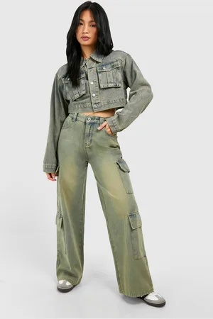 Boohoo Womens Petite Vintage Wash Cargo Jeans - Cotton - Size 10 UK