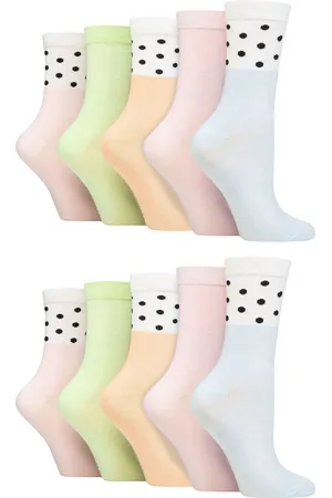 Wild Feet Womens - 10 Pack Ladies Bamboo Crew Socks with Dots, Leopard & Floral Pattern - Spots Pastel - - Size UK 4-8