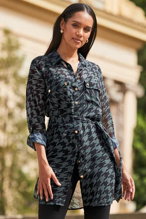 Sosandar Womens & Black Dogtooth Print Belted Longline Shirt - Size 10 UK