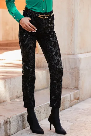 Sosandar Womens Textured Animal Print Coated Slim Leg Jeans Cotton - Size 18 Short