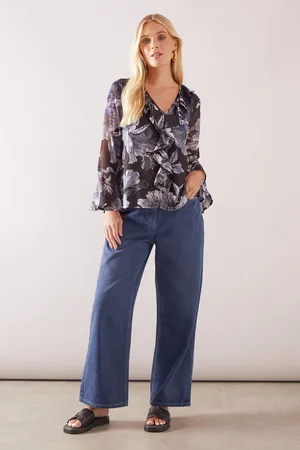 wallis Womens Petite Stencil Floral Ruffle Detail Blouse - - Size 8 UK