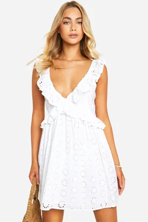 Boohoo Womens Broderie Ruffle Plunge Mini Dress - Cotton - Size 14 UK