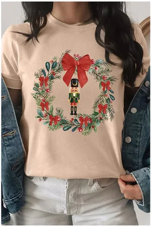 Azura Exchange Womens Nutcracker Bow Christmas Wreath Crewneck Printed T Shirt - Size X-Large