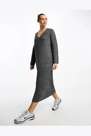 ASOS Womens knitted v neck maxi dress in rib in -Grey - Size Small