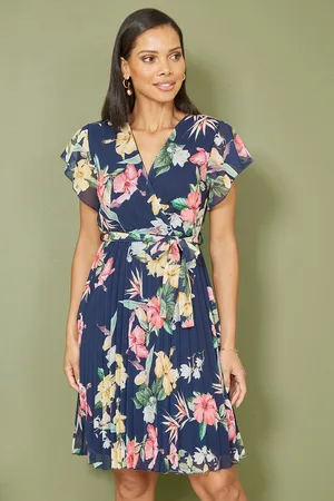 Mela Womens Floral Print Pleated Wrap Skater Dress - Size 8 UK