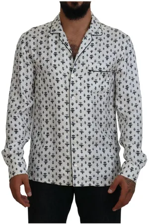 Dolce & Gabbana Mens White Crown Bee Print Long Sleeve Pajama Top - Silk - Size Small