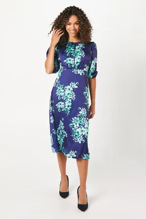 wallis Womens Petite Occasion Floral Satin Puff Sleeve Midi Dress - - Size 18 UK