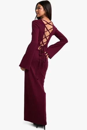 Boohoo Womens Wide Rib Tie Back Flare Sleeve Maxi Dress - - Size 10 UK