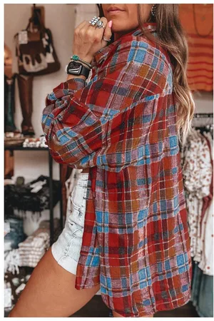 Azura Exchange Womens Plaid Print Loose Vintage Shirt Cotton - Size Medium