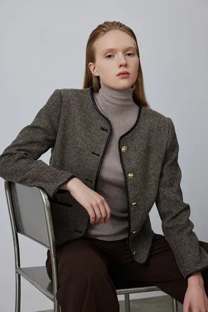 Gusto Womens Herringbone Wool Mix Jacket With Leather Details - - Size X-Large