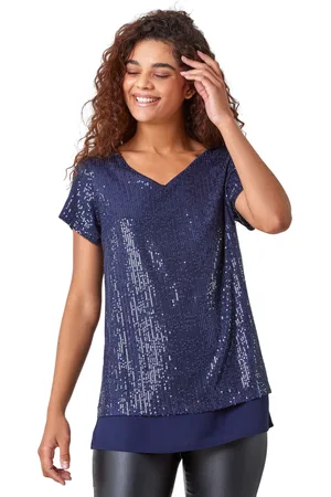 Roman Womens V-Neck Sequin Contrast Hem Tunic Stretch Top - - Size 10 UK
