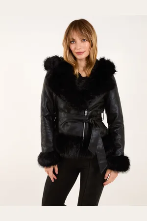 Blue Vanilla Womens Hooded Zip Faux Fur Cropped PU Jacket - - Size 8 UK