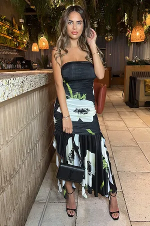 Ax Paris Womens Floral Printed Strapless Ruched Midi Dress - Size 8 UK