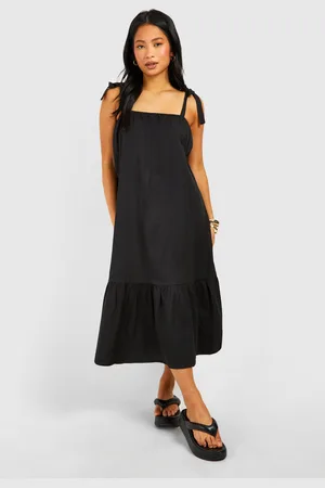 Boohoo Womens Petite Linen Look Tie Shoulder Midaxi Dress - Cotton - Size 8 UK