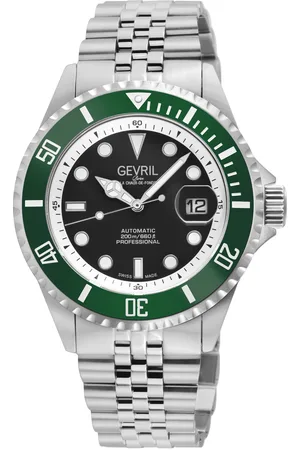 Gevril Mens Wall Street Swiss Automatic Watch, SS Case, Green Bezel, Black Enamel Dial, SS Satin and Polished Bracelet - - One Size