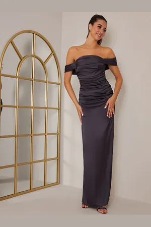 Chi Chi London Womens Bardot Ruched Satin Maxi Dress in - Size 10 UK
