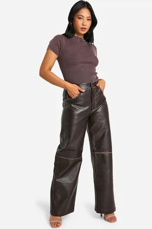 Boohoo Womens Petite Vintage Wash Faux Leather Wide Leg Trousers - - Size 8 UK