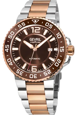 Gevril Mens RiverSide Swiss Automatic Watch, IPRG Bezel, Brown Ceramic Ring, Glossy Dial, Two toned SS/IPRG Stainelss Steel Bracelet - - One Size