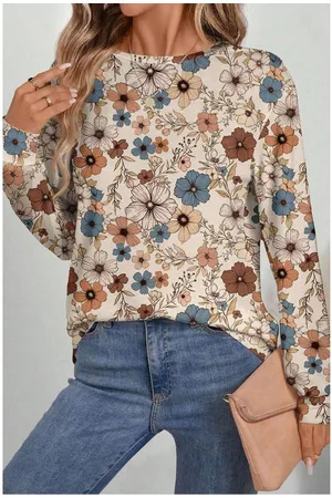 Azura Exchange Womens Floral Print Loose Crew Neck Long Sleeve T Shirt - Size Medium