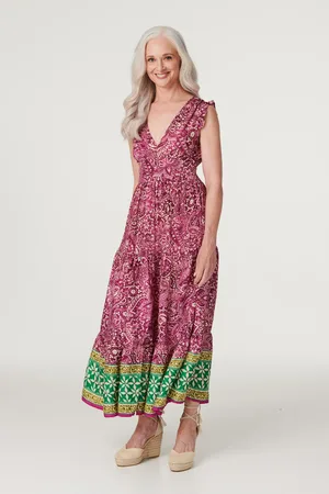 Izabel London Womens Raspberry Paisley Frill Sleeve Maxi Dress - Satin - Size 12 UK
