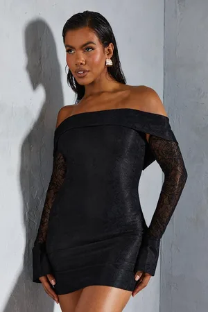 MissPap Womens Lace Bardot Cuff Detail Bodycon Mini Dress - Polyamide - Size 8 UK